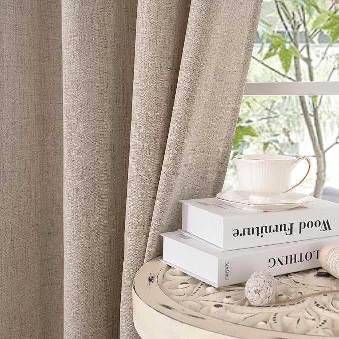 Oatmeal Linen Curtains 72 Inches Long 2 Panels Set for Bedroom Farmhouse | Semi Sheer Drapes with Bronze Grommet Privacy Window Treatments for Living Room Light Filtering, 52 X 72 Inch