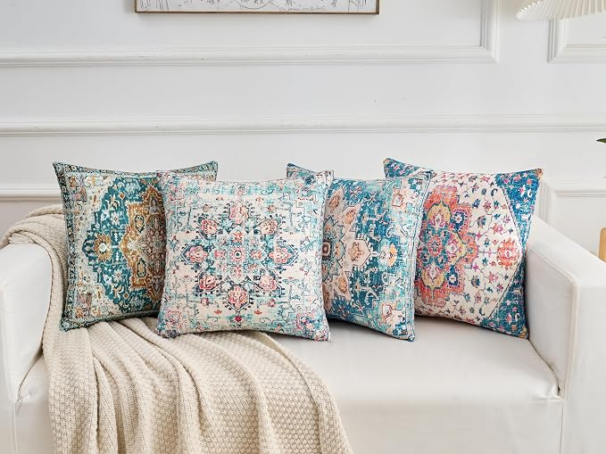 Throw Pillow Covers 20x20 Inch Set of 4 Washable BOHO Vintage Style Decorative Throw Pillow Cases Soft Velvet Square Farmhouse Decor Retro Cushion Covers for Couch Sofa Bed Living Room Outdoor