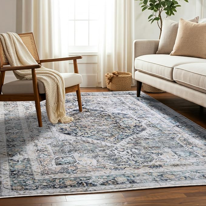 Machine Washable Area Rug, Soft & Durable, Non-Slip, Stain Resistant Rug for Bedroom, Living Room, Dining Room, High Traffic Areas. (Soft Gray Blue, 9' X 12')