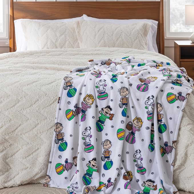 Berkshire Peanuts® VelvetLoft® Cute Character Snoopy Plush Blanket,Easter Gang 2025 White,Twin 60 in x 90 in (Official Peanuts® Product)