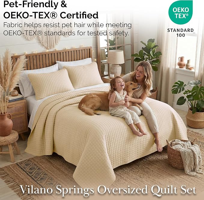 Southshore Fine Living, Inc. Oversized King Quilt Bedding Set, Hotel Quilts, Easy Care Pet Hair Resistant Bedding Sets, California King Size Coverlet Bedspread Set, Beige Quilt w/2 Shams, Soft Sand