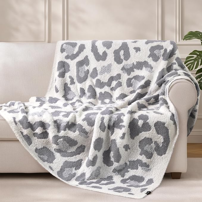Knit Throw Blanket for Couch, Soft Cozy Fluffy Knitted Blanket for Sofa, Bed, Gift for Women Girls Home Decor (Leopard-Grey, Throw 50"x60")