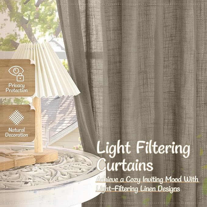 Taupe Linen Sheer Curtains 84 inch Long for Living Room, 52 x 84 Inch | Light Filtering Semi Sheer Panels, Window, Curtains for Bedroom, Sliding Glass Door, Back Tab Rod Pocket, 2 Panels