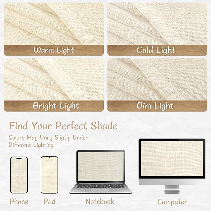 Beige Sheer Linen Cafe Curtains 30 Inch Length 2 Panels for Windows | Light Filtering, Small Window Panels, Short, Curtains for Kitchen, Bathroom, Basement, Back Tab Rod Pocket, 34 x 30 Inch