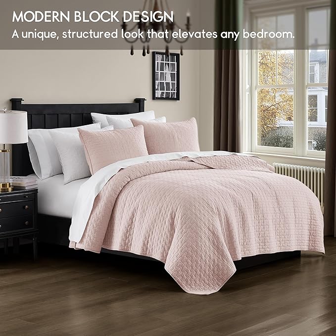 palassio Pink 100% Cotton Quilt King Size Bedding Sets with 2 Pillow Shams, Textured Lightweight Soft Bedspread Shabby Chic Coverlet, Quilted Comforter Bed Cover for All Season, 3 Pieces