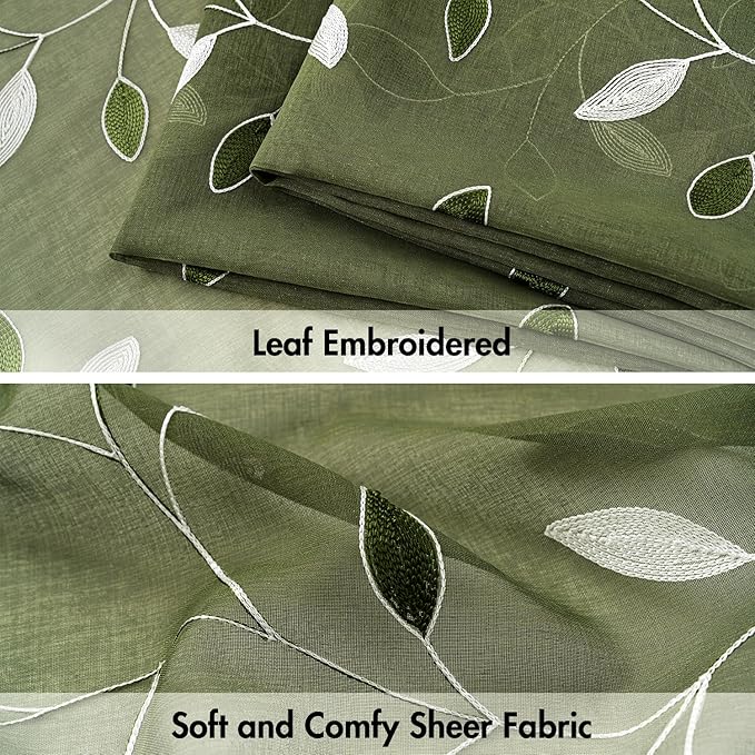 MIULEE Olive Green Sheer Curtains 2 Panels Leaf Patterned, W52 x L63 | Embroidered Floral Semi Sheer,Rod Pocket,Faux Linen,Short Window Curtains Drapes Set for Kitchen/Bathroom/Cafe