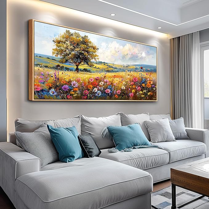 hyidecorart Large Framed Wall Art, Spring Landscape Wall Art, Nature Tree Wildflower Artwork, Colorful Scenery Rustic Painting Canvas Prints, Farmhouse Wall Decor Living Room Bedroom Picture 32x72 In