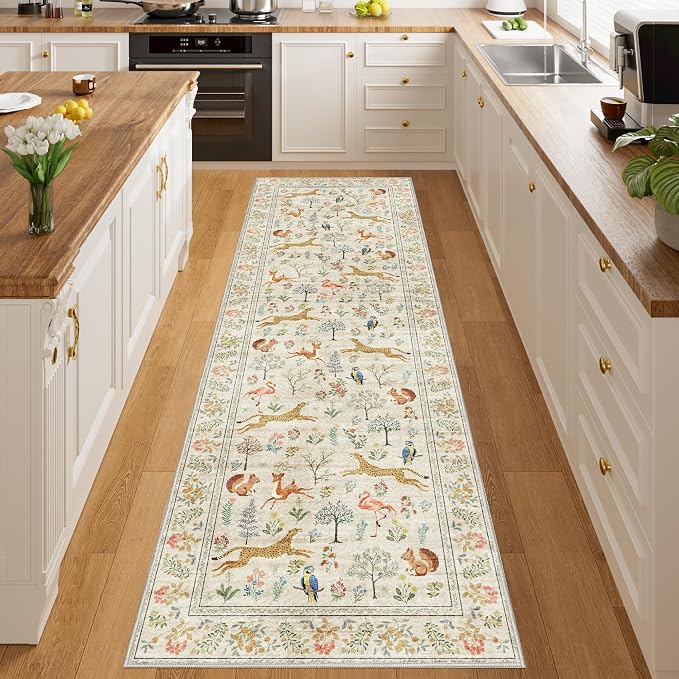 DUKINO 2x10 Kitchen Runner Rug, Soft Non Slip Animal Washable Rug, Beige | Low Pile, Non-Shedding Indoor Carpet Runner for Hallway, Entryway, Bedroom, Bathroom, Laundry, Pet Friendly, Stain Resistant