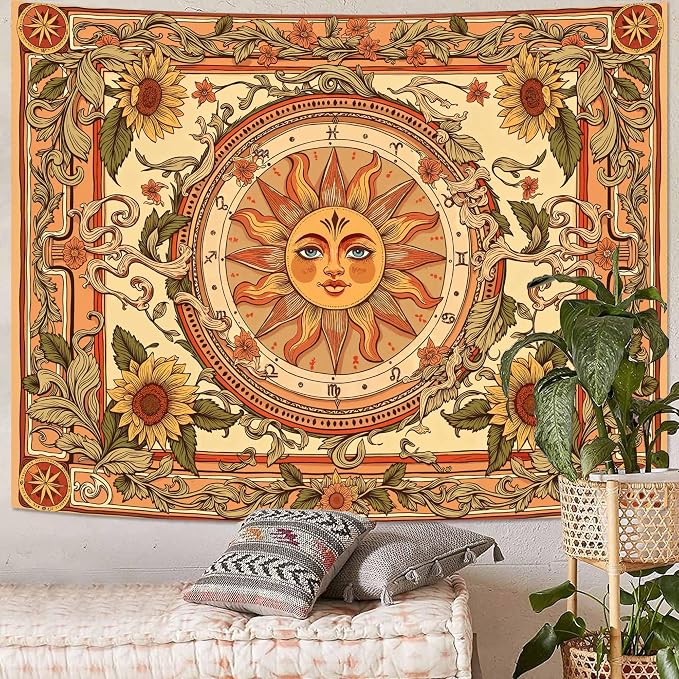 Accnicc Yellow Sun Tapestry Boho Floral Sunflower Plant Wall Tapestry for Bedroom Aesthetic Vintage Flower Celestial Small Tapestries Wall Hanging for Dorm Living Room Decor 60 x 44 Inch
