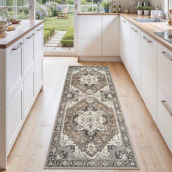 Washable Kitchen Runner Rug 2x6 - Hallway Rugs Low Pile Entryway Carpet Vintage Soft Non-Slip Stain Resistant Indoor Floor Distressed Mat Home Decor for Bedside Bathroom Entrance(Beige/Blue/Grey,2x6)