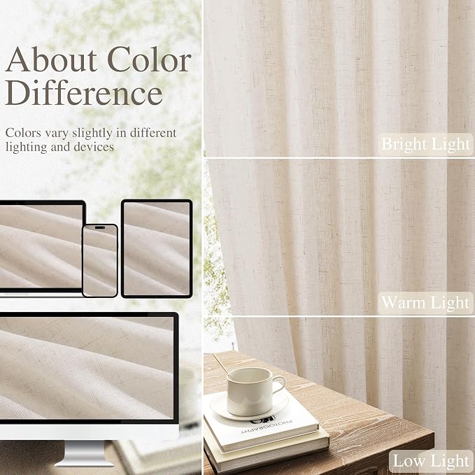 Linen Curtains 72 Inches Long for Living Room Semi Sheer Light Filtering Curtain Back Tab Rod Pocket Neutral Boho Modern Farmhouse Decor Window Drapes for Bedroom 52x72 2 Panels Linen