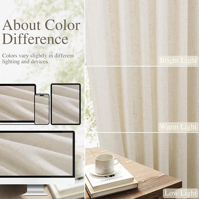 Beige Cream Linen Curtains 96 Inches Long for Living Room 2 Panel Back Tab Hook Belt Elegant Farmhouse Soft Linen Drapes Privacy Semi Sheer Curtain for Bedroom Nursery 52Wx96L