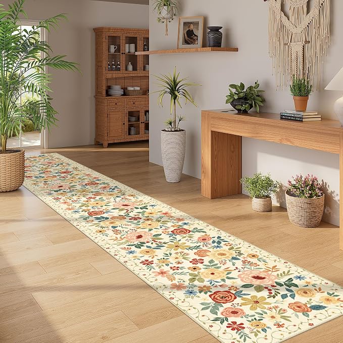 DUKINO 2x12 Washable Runner Rug, Non Slip Long Kitchen Rugs, Beige Yellow | Floral, Low Pile, Soft Indoor Rug Runner for Hallway, Entryway, Bedroom, Bathroom, Laundry, Pet Friendly, Modern Home Decor