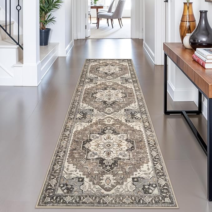 2x8 Washable Hallway Runner Rug - Non-Slip Kitchen Rugs Low Pile Entryway Runners Vintage Soft Carpet Thin Lightweight Indoor Home Decor Floor Mat for Bathroom Laundry Room Bedroom(Beige,2x8)
