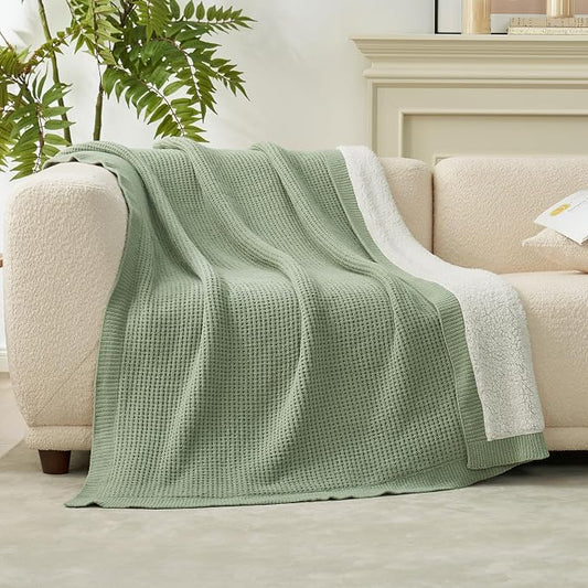 Amélie Home Reversible Waffle Weave Throw Blanket, Chenille Knit with Warm Sherpa, Soft Cozy Blanket for Couch, 50"x60", Sage Green