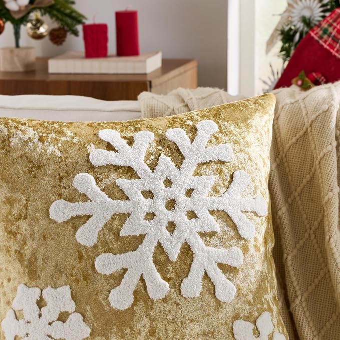 KINDREX Christmas Snowflake Throw Pillow Covers 18x18 Set of 2 Winter Holiday Decorative Gold Embroidered Luxurious Velvet Accent Pillowcase for Sofa Couch Bed Living Room Home Decor