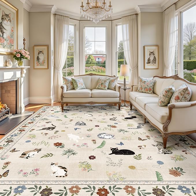 AIMPEAK Large 8x10 Washable Area Rug - Non Slip Low Pile Cat Floral Vintage Boho Large Carpet for Living Room, Bedroom, Farmhouse, Dining Room, Nursery, Girls Room, Kids Playroom, Beige Multi