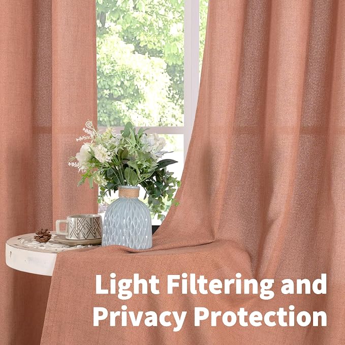 YoungsTex Terracotta Linen Curtains 90 Inch Length for Living Room, Burnt Orange Light Filtering Drapes Semi Sheer with Bronze Grommet Privacy for Bedroom, 52 x 90 Inch, 2 Panels