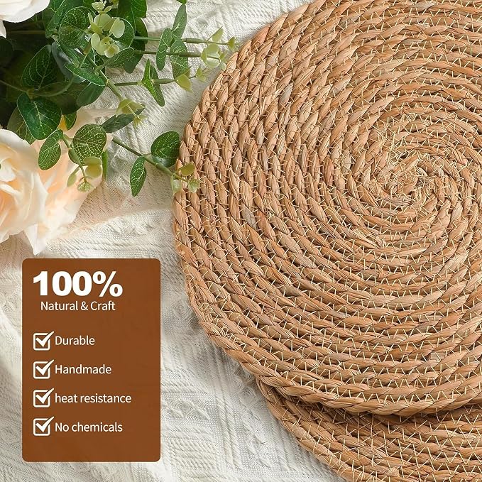 Woven Placemats Set of 4,12 Inch Medium Size Rattan Placemats Wicker Place MatsNatural Farmhouse Jute Braided Table Runnerfor Kitchen Countertops Medium Size Please Choose Carefully