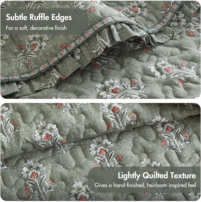 Madison Park Vintage Floral Quilt Set, 3PC King/Cal King Reversible Bed Set | Lightweight Bedspread Set with 2 Shams, Traditional Block Print Coverlets with Ruffled Edge, Sage Green