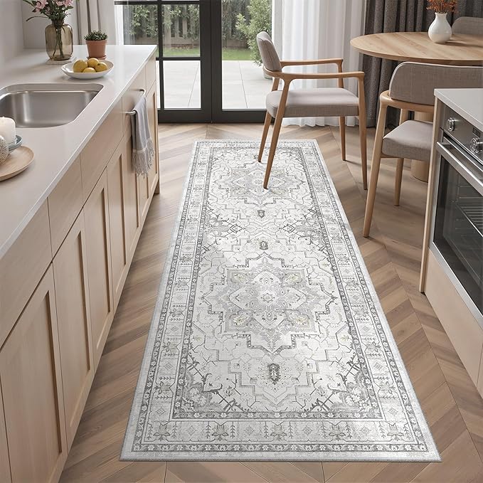 Madane Hallway Runner Rug 2x5 Washable Entry Rugs Non-Slip, Grey | Vintage Printed Low-Pile Kitchen Runners, Soft Low-Pile Stain-Resistant Throw Carpet for Bedroom Entrance Laundry Room 2'x5'