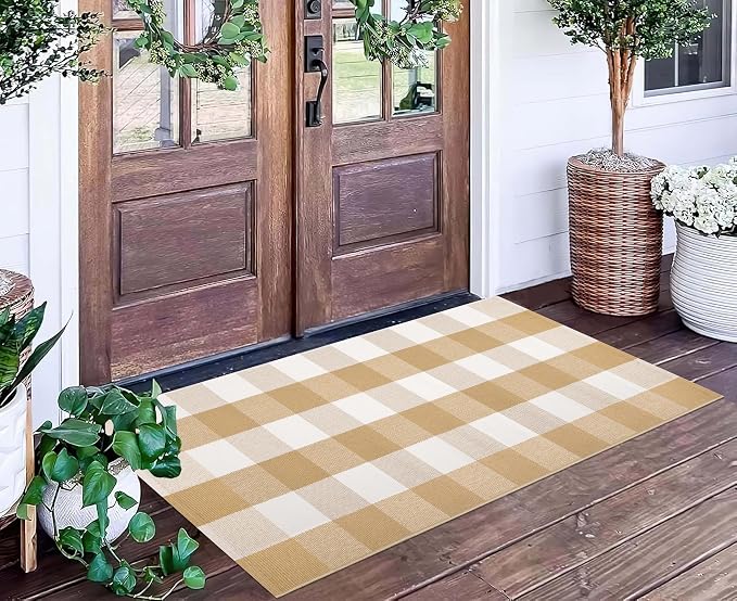 Khaki and White Outdoor Rug 24''x 51''Checkered Front Porch Mat Cotton Woven Washable Rugs Front Door Mat for Hello/Welcome Mat Entryway,Bedroom,Farmhouse Patio
