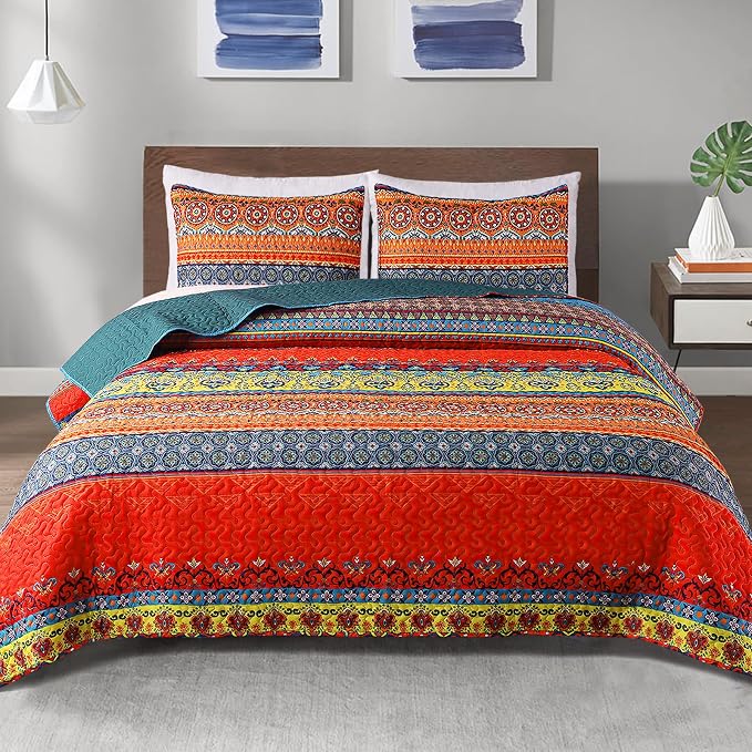Exclusivo Mezcla Reversible Boho Quilts Twin Size Blue | Lightweight Soft Bedspreads, All Season Bohemian Coverlet Bedding Set, Printed Floral Pattern, 1 Quilt and 1 Pillow Sham