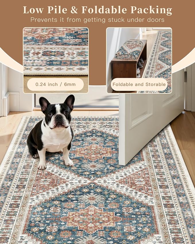Madane Hallway Runner Rug 2'6''x12' Kitchen Runners Vintage, Navy Blue | Non-Slip Washable Rugs 12ft for Laundry Room, Entryway and Bedroom, Soft Low Pile Stain-Resistant Wide 2.5x12 Ft Floor Carpet