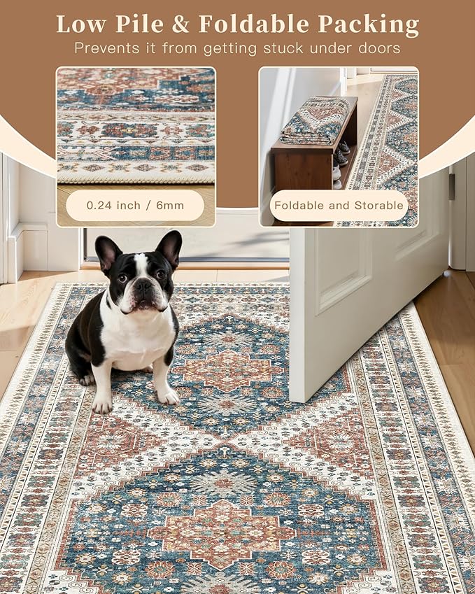 Madane Hallway Runner Rug 2x5 Washable Entry Rugs Non-Slip, Navy Blue | Vintage Printed Low-Pile Kitchen Runners, Soft Low-Pile Stain-Resistant Throw Carpet for Bedroom Entrance Laundry Room 2'x5'