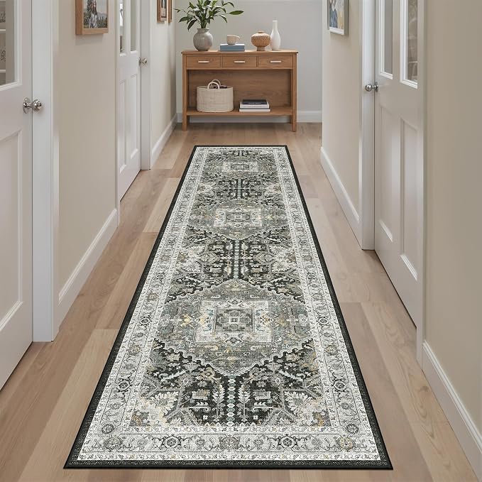 Madane Hallway Runner Rug 2x8 Washable Kitchen Rugs, Grey Green/Black Olive | Vintage Machine Washable Low-Pile Floor Carpet 8ft, Soft Non Slip Throw Entry Foyer Mat for Entrance Laundry Living Room