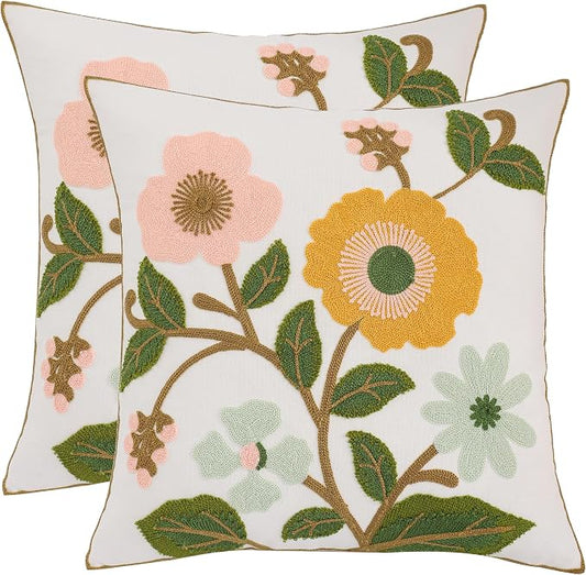 Floral Throw Pillow Covers 18x18 Pack of 2 Pink and Yellow Flower Embroidered Pillow Cover with Green Leaves Farmhouse Pillow Cushion Case Decorative Farm Pillowcases for Summer Fall Autumn