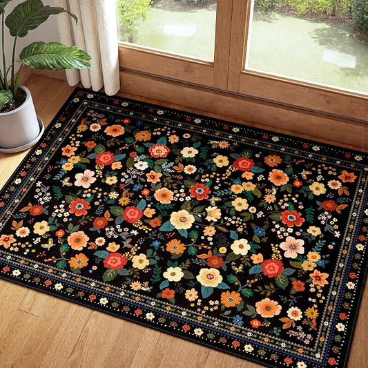 Washable Floral Area Rug for Living Room 2x3 Black | Non-Slip，Vacuum-Friendly, Low Pile, Flower Carpet for Bedroom Kitchen Entryway Dining Room Office Nursery