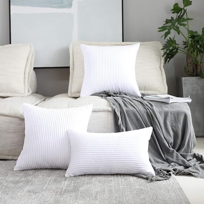 Home Brilliant Set of 2 Decorative Pillows for Couch Pillow Protectors for Sofa, Stripes Velvet, 55x55 cm, 22 x 22 Inch, Pure White