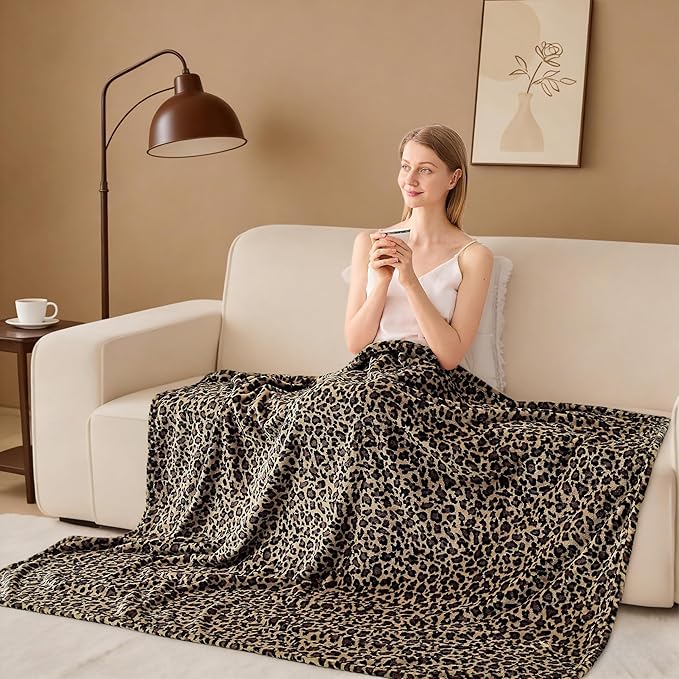 Edenleaf Leopard Print Blanket Fleece Throw for Bed Sofa Travel and Camping, Super Soft Cozy Fluffy Plush Cheetah Print Blanket for All Seasons 50"x60" (Mocha Brown)