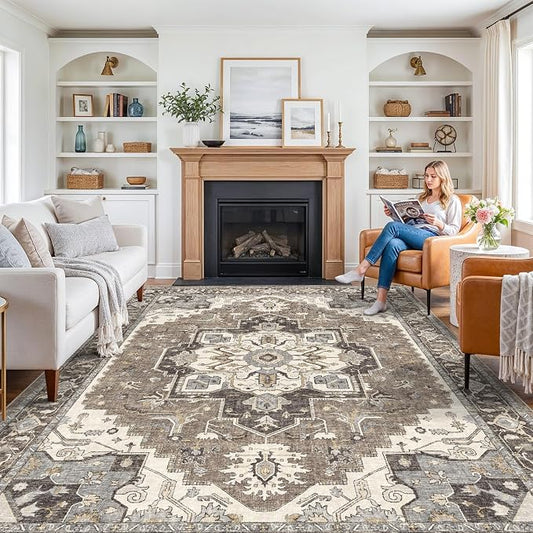 RUUGME Washable 8x12 Area Rug: Large Boho Soft Rugs for Living Room Bedroom Vintage Non-Slip Low Pile Stain Resistant Carpet for Dining Room Office Nursery Home Floor Decoration (Beige,8x12)