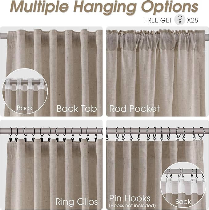 Linen Curtains 84 Inches Long for Living Room Semi Sheer Light Filtering Curtain Back Tab Rod Pocket Neutral Boho Modern Farmhouse Decor Window Drapes for Bedroom 52x84 2 Panels Ecru