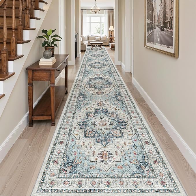 Madane Hallway Runner Rug 3x20 Washable Kitchen Runners 20ft, Blue | Vintage Non Slip Extra Long Area Rugs , Soft Low-Pile Farmhouse Wide Floor Carpet for Corridor Entryway Bathroom Bedroom