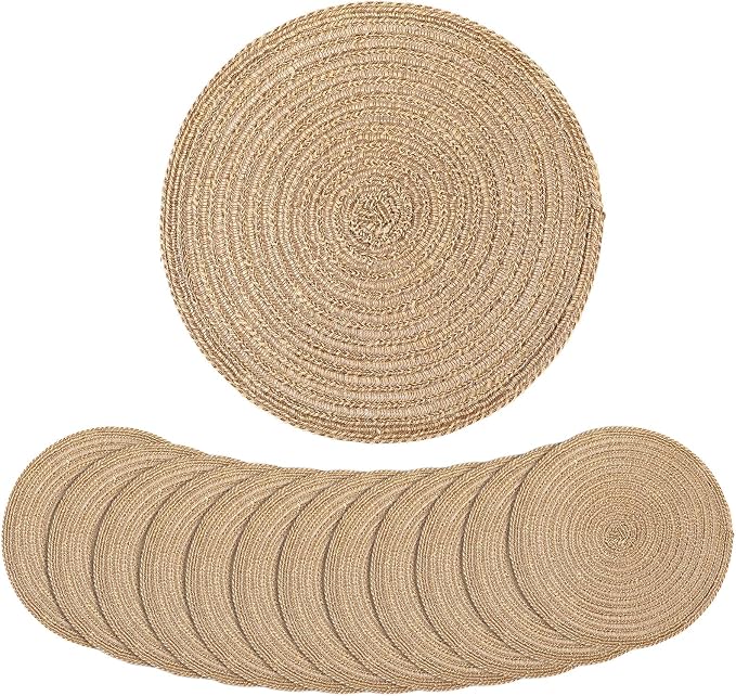 12 Inch Round Woven Placemats Set of 12 Burlap Boho Jute Charger Bulk Rustic Vintage Natural Brown Heat Resistant Dining Table Mat for Wedding Farmhouse Craft Home Kitchen Summer Party Decor