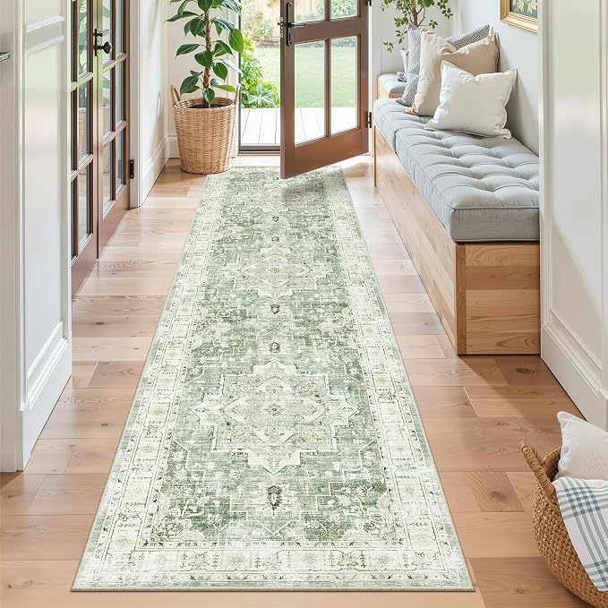 Madane Hallway Runner Rug 2x8 Washable Kitchen Rugs Non-Slip, Green/Ivory | Vintage Machine Washable Low-Pile Floor Carpet 8ft, Soft Ultra-Thin Throw Entry Foyer Mat for Entrance Laundry Living Room