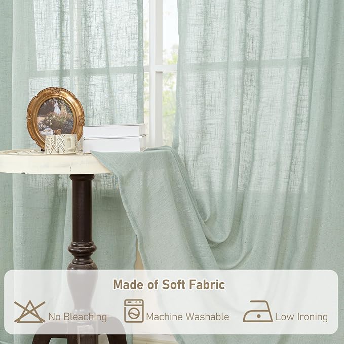 Short Linen Window Curtains 40 Inch Length 2 Panels, Light Sage | Semi Sheer, Light Filtering Panels, Neutral Drapes for Basement, Window, Loft Room, Rod Pocket Back Tab, 34 x 40 Inch