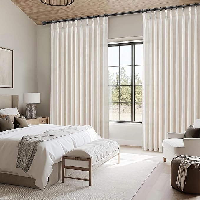 Extra Wide 70 Inch Pinch Pleated Curtains 84 Inch Length 2 Panels Set for Living Room, Cream Linen Sheer Boho Curtain Light Filtering Privacy for Bedroom Large Windows Hook Back Tab Viral Drapes Ivory