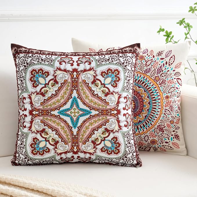 Boho Throw Pillow Covers 18X18 Inch Set of 4 Bohemian Soft Velvet Couch Pillow Cases Farmhouse Decorative Pillow Covers for Sofa Living Room Bedroom Outdoor Patio Porch