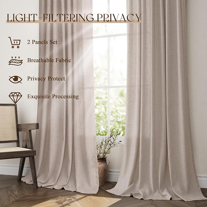 Jowels Oatmeal Linen Curtains 96 Inch Long 2 Panels for Living Room | Light Filtering Semi Sheer Curtain, Back Tab Pocket Pleated Look, Boho Farmhouse Textured Privacy Drapes for Bedroom Window