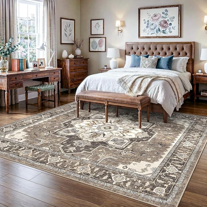 8x8 Area Rug Square for Living Room: Large Non-Slip Washable Rugs for Bedroom Dining Room Vintage Soft Low Pile Carpet Thin Stain Resistant Indoor Floor Mat for Home Office Apartment (Beige,8x8)