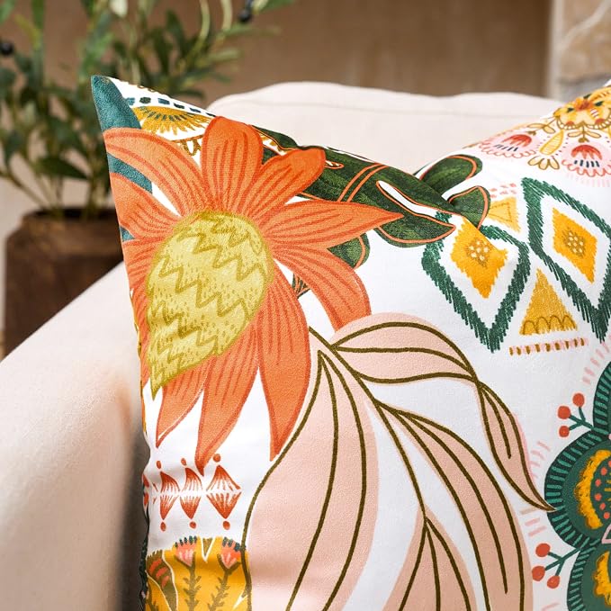 Tyrot Boho Floral Velvet Throw Pillow Covers 16x16 Inch Set of 2 Farmhouse Cushion Covers Mid Century Modern Botanical Home Decor Accent Pillow Cases for Couch Bed Sofa Living Room, Bedroom