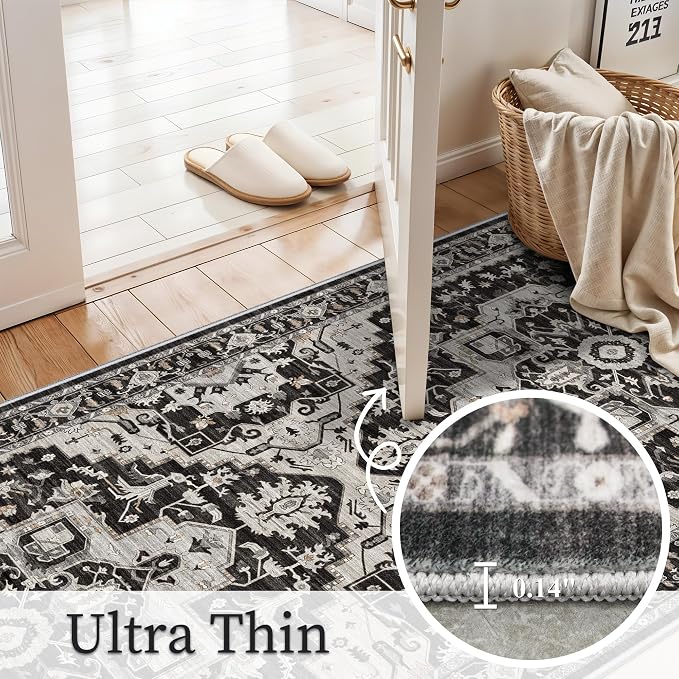 Non-Slip Washable 3x4 Entryway Rug - Boho Low Pile Throw Rugs for Kitchen Entrance Bedroom Soft Thin Area Rugs for Hallway Front Door Bathroom Vintage Distressed Home Decor (Black/Beige/Grey,3x4)