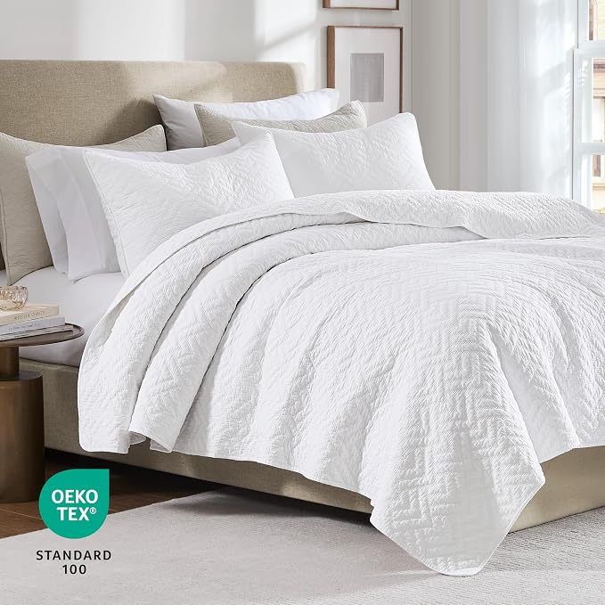 palassio White 100% Cotton Quilt Queen Size Bedding Sets with 2 Pillow Shams, Lightweight Textured Farmhouse Country Bedspread Soft Shabby Chic Patterned Coverlet for All Season, 3 Pieces