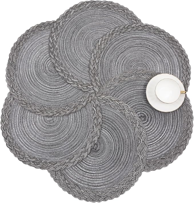 SHACOS Round Placemats Set of 4 Boho Braided Border 15 inch Circle Place Mats Washable Fabric Table Mats for Kitchen Dining Table, Gray