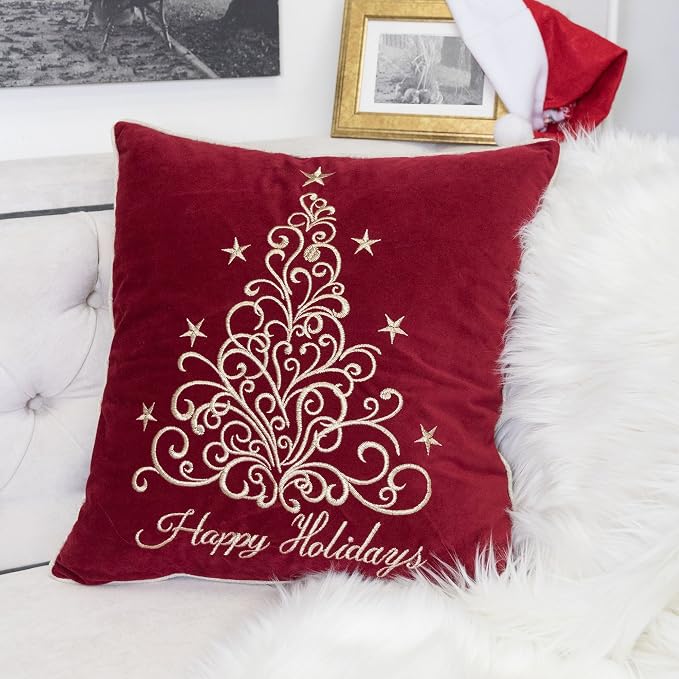 Embroidery Red Velvet Throw Pillow Cover, Merry Christmas Series Floral Tree Luxury Soft Fuzzy Cozy Warm Slik Decorative Gift Square Couch Cushion Pillow Case 20 x 20 Inch, Cover Only