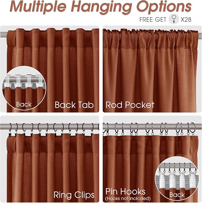 Extra Long Linen Curtains 120 Inches for Living Room Back Tab Semi Sheer High Floor to Ceiling 10ft Light Filtering Curtain Boho Farmhouse Decor Window Drapes for Bedroom 2 Panels Terracotta